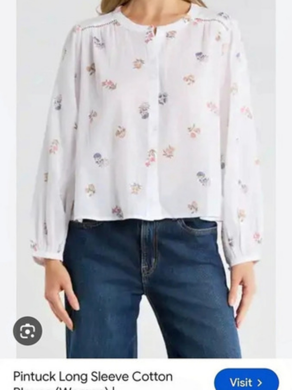 Lucky Brand Pintuck Long Sleeve Cotton Blouse Floral White Size S